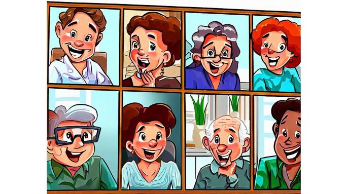cartoon of 8 people in videocall